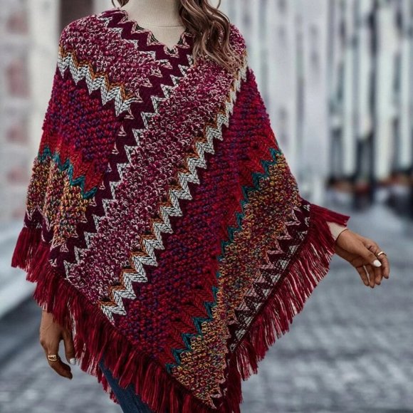 Chevron Fringe Hem Poncho Sweater multi color - Picture 3 of 7